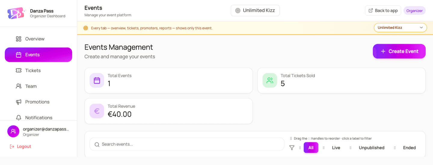 Events management screen with live ticket counts