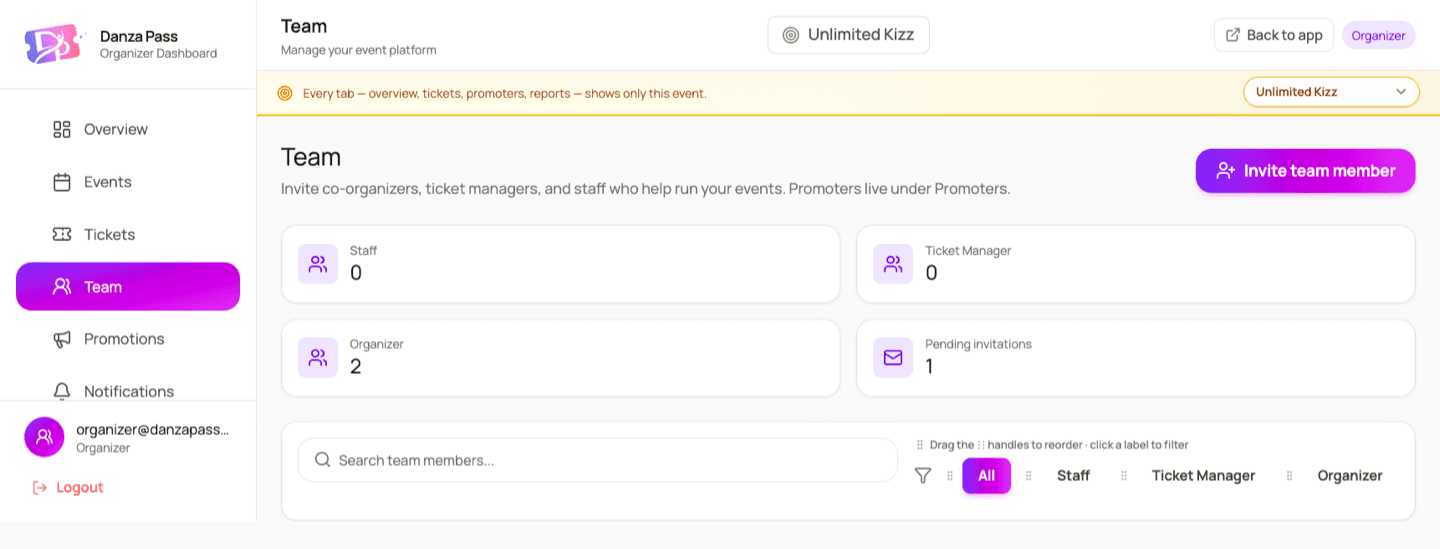 Team management screen for inviting co-organizers and staff