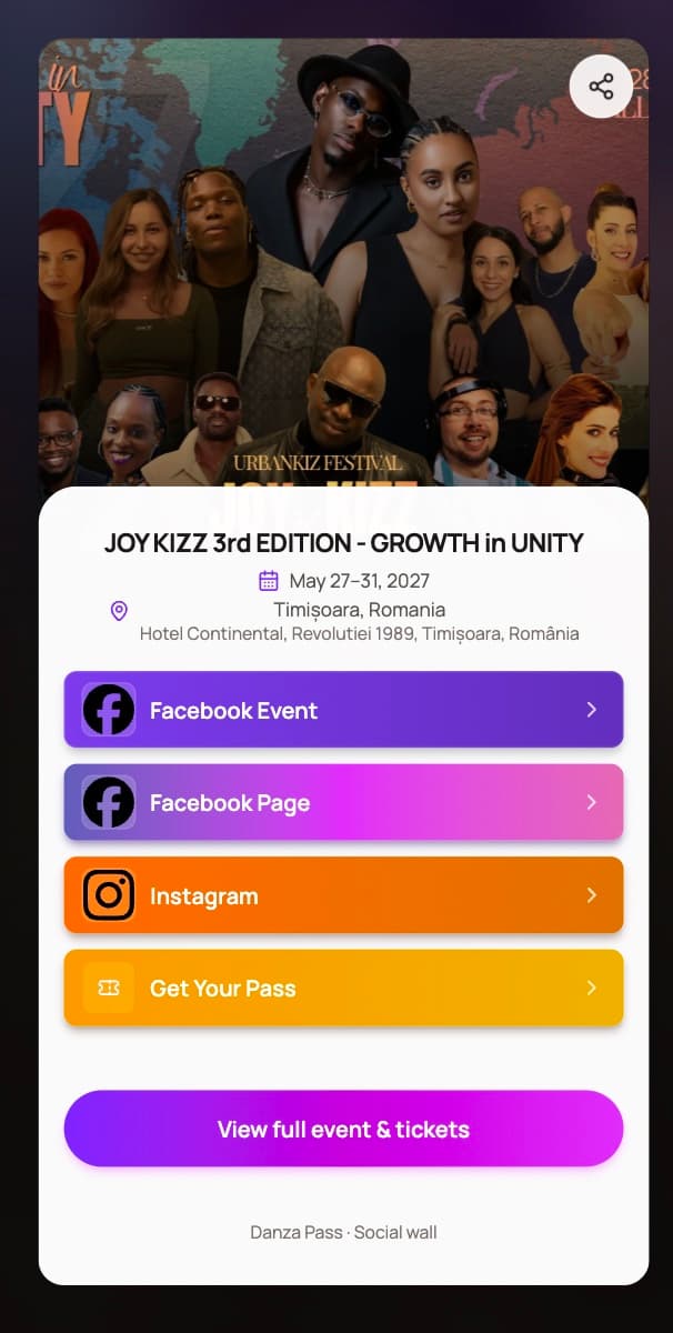 Joy Kizz festival wall on Danza, as dancers see it on their phone