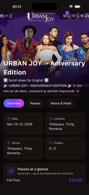 Event details with lineup, schedule and passes