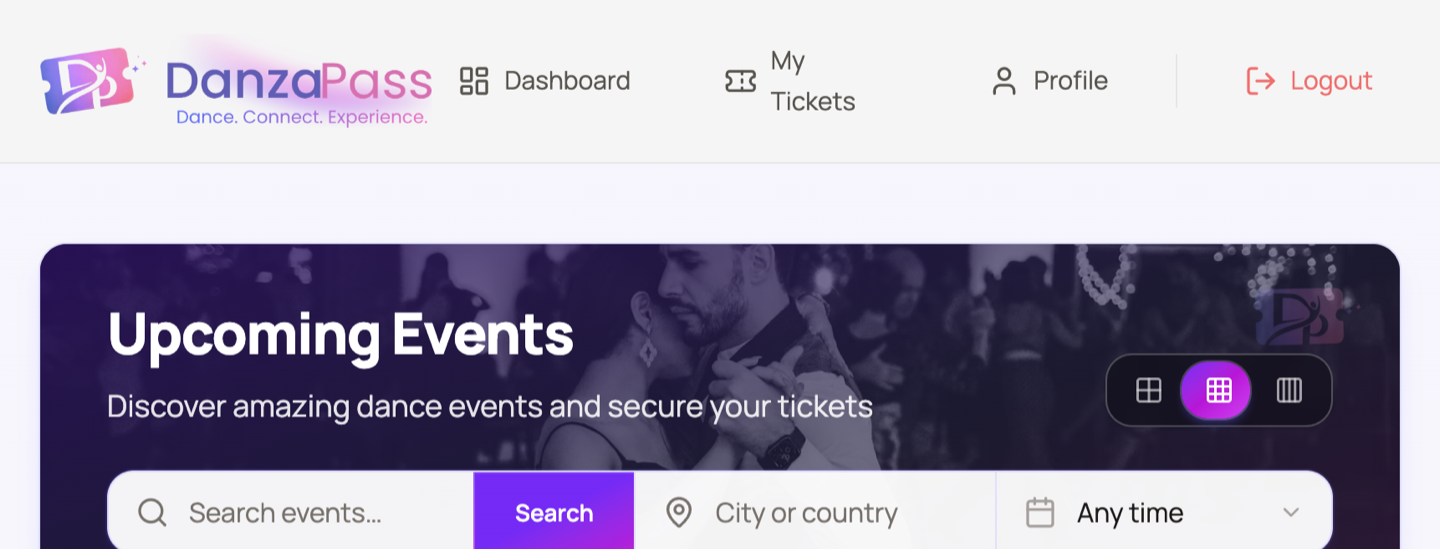 Browse events page with search and live event cards